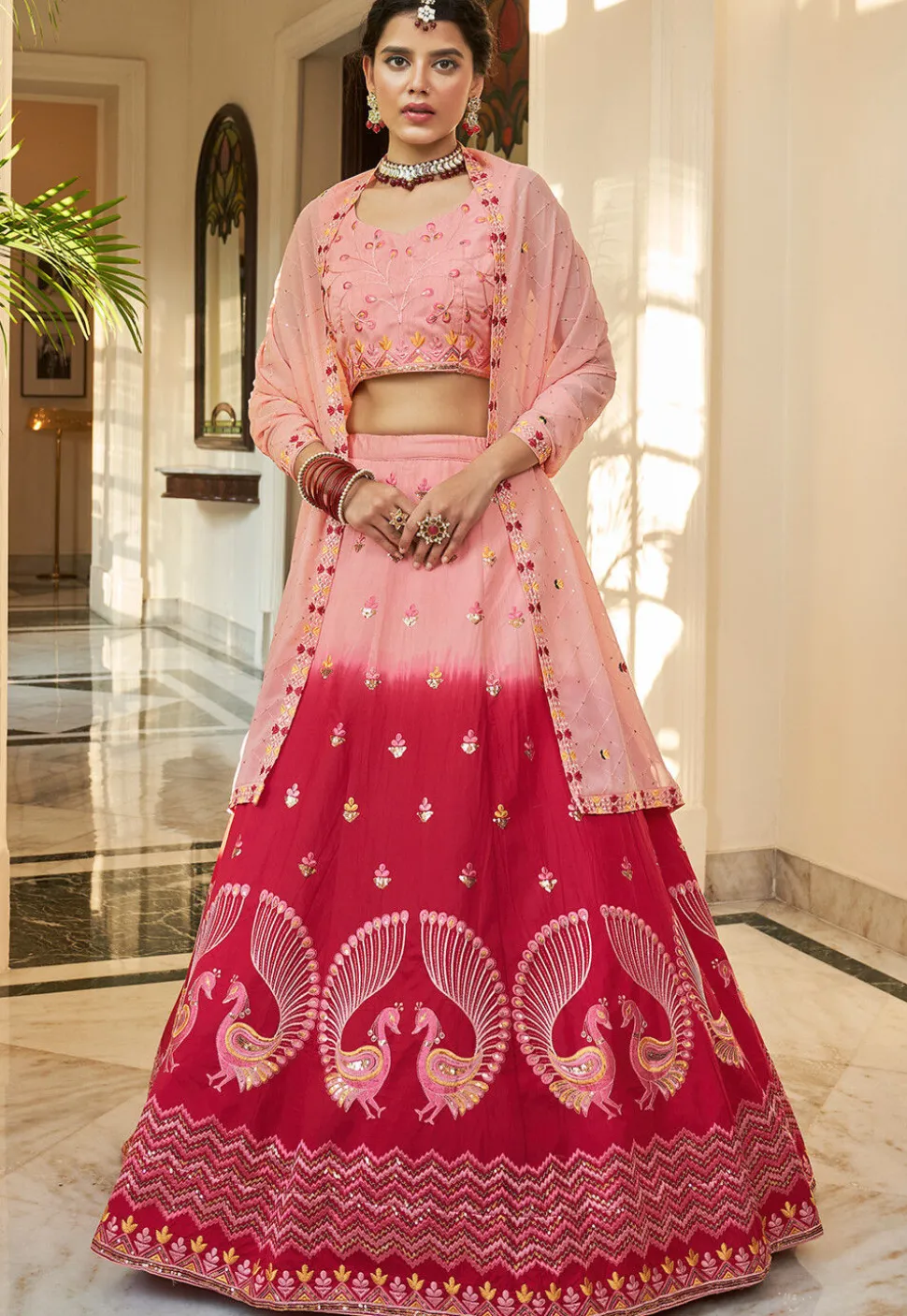 Embroidered Art Silk Lehenga in Peach and Pink