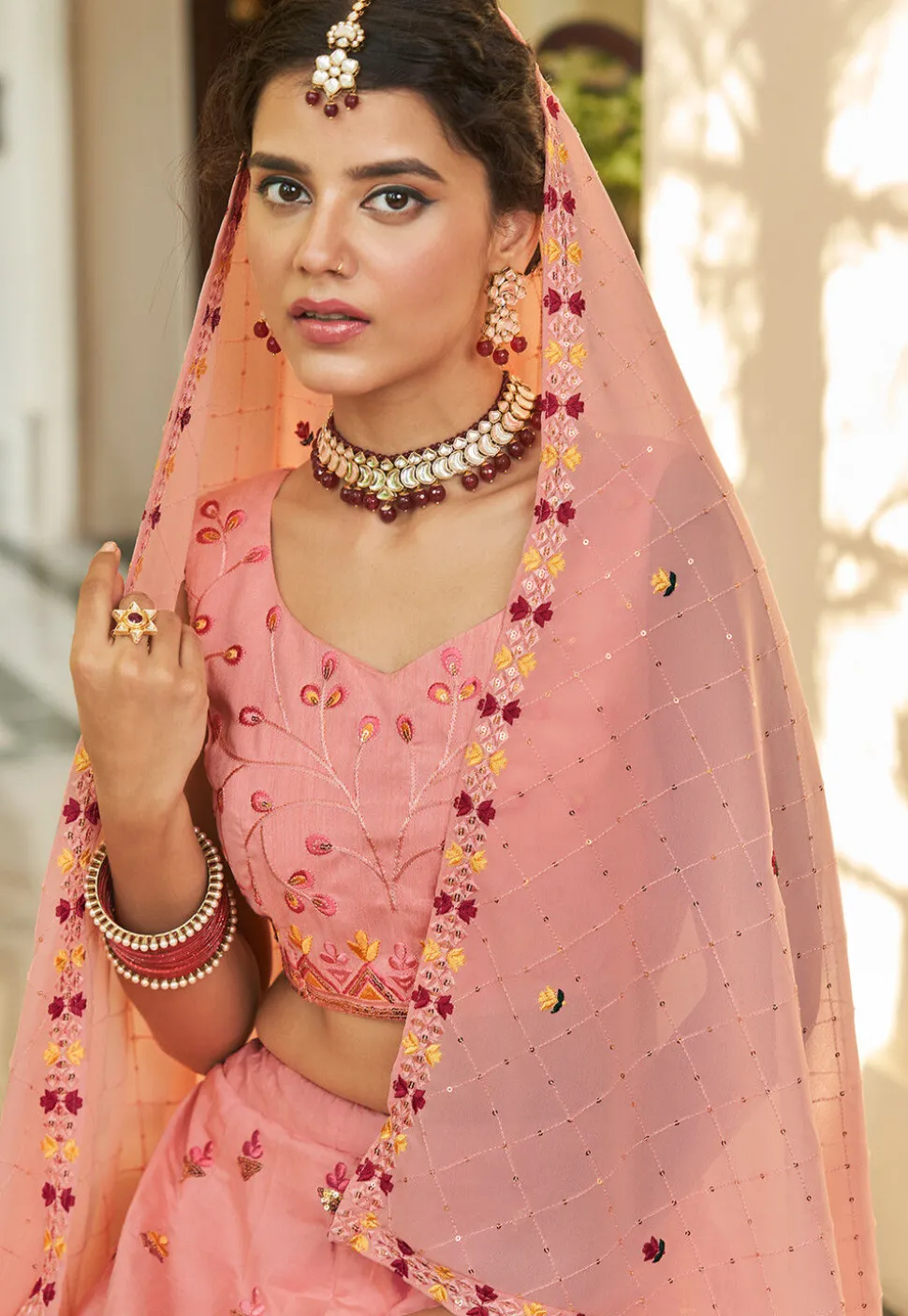 Embroidered Art Silk Lehenga in Peach and Pink