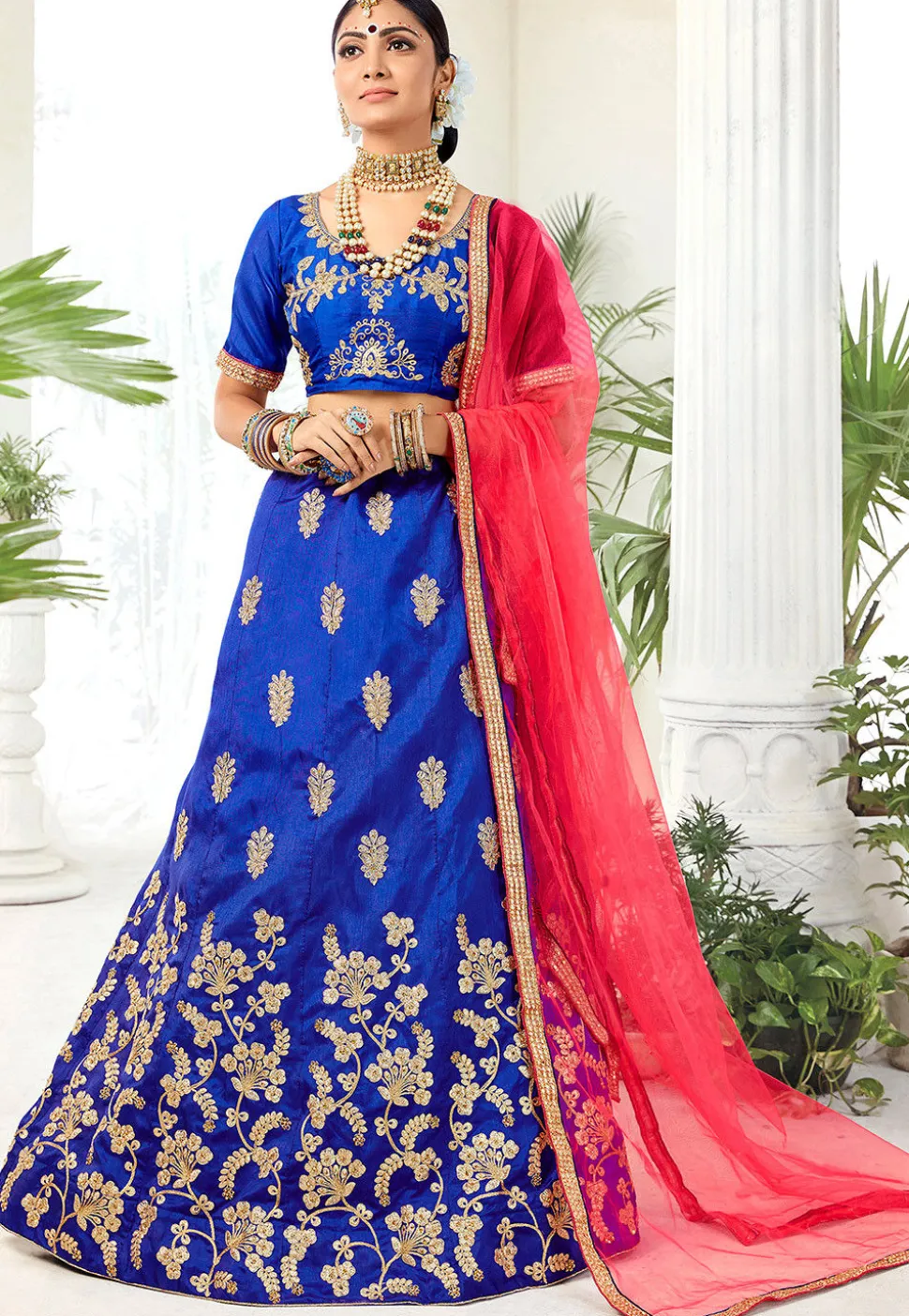 Embroidered Art Silk Lehenga in Royal Blue