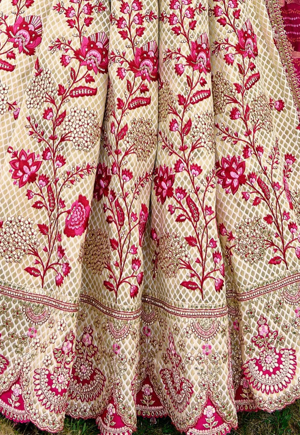Embroidered Art Silk Lehenga in Off White
