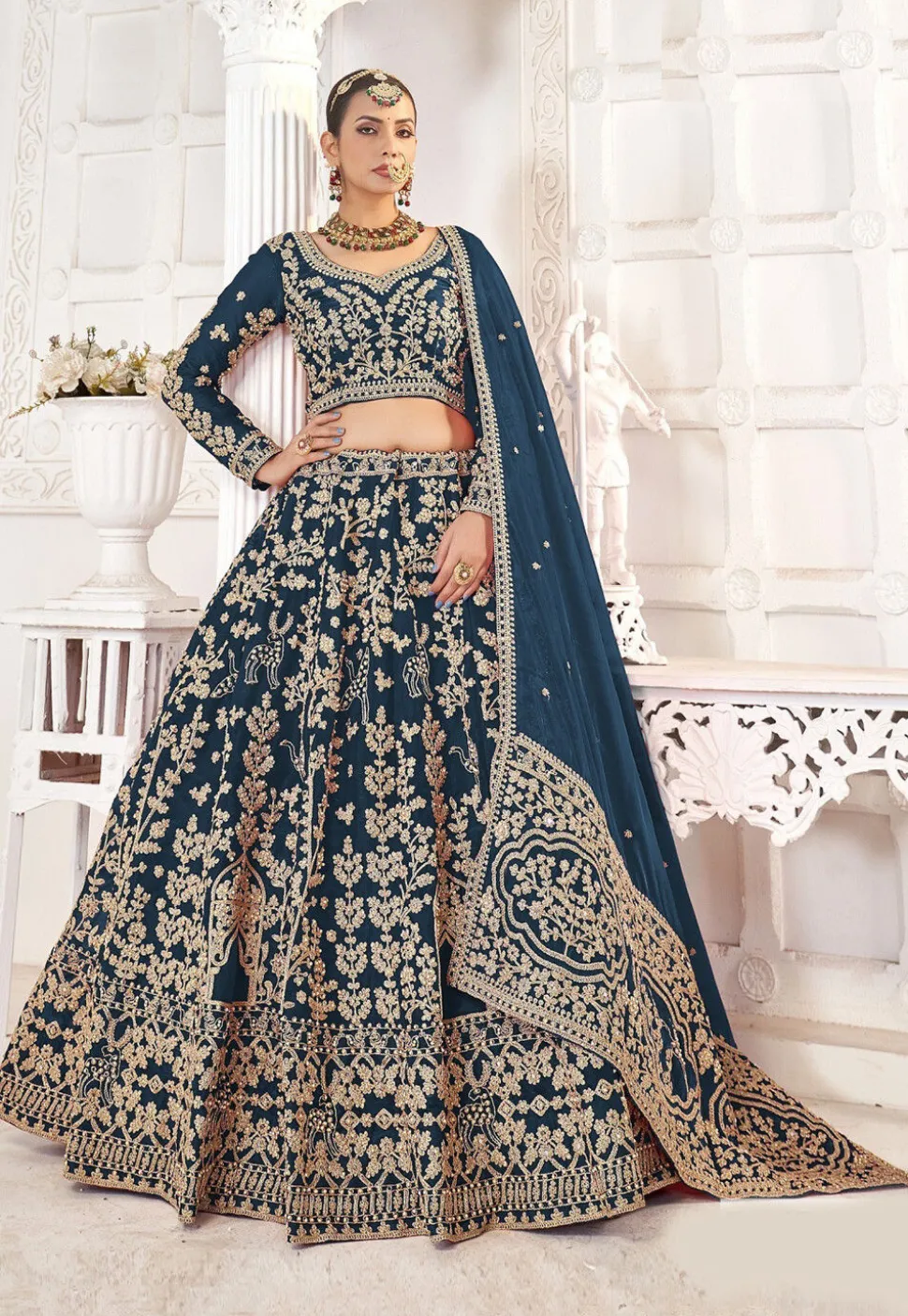 Embroidered Art Silk Lehenga in Teal Blue