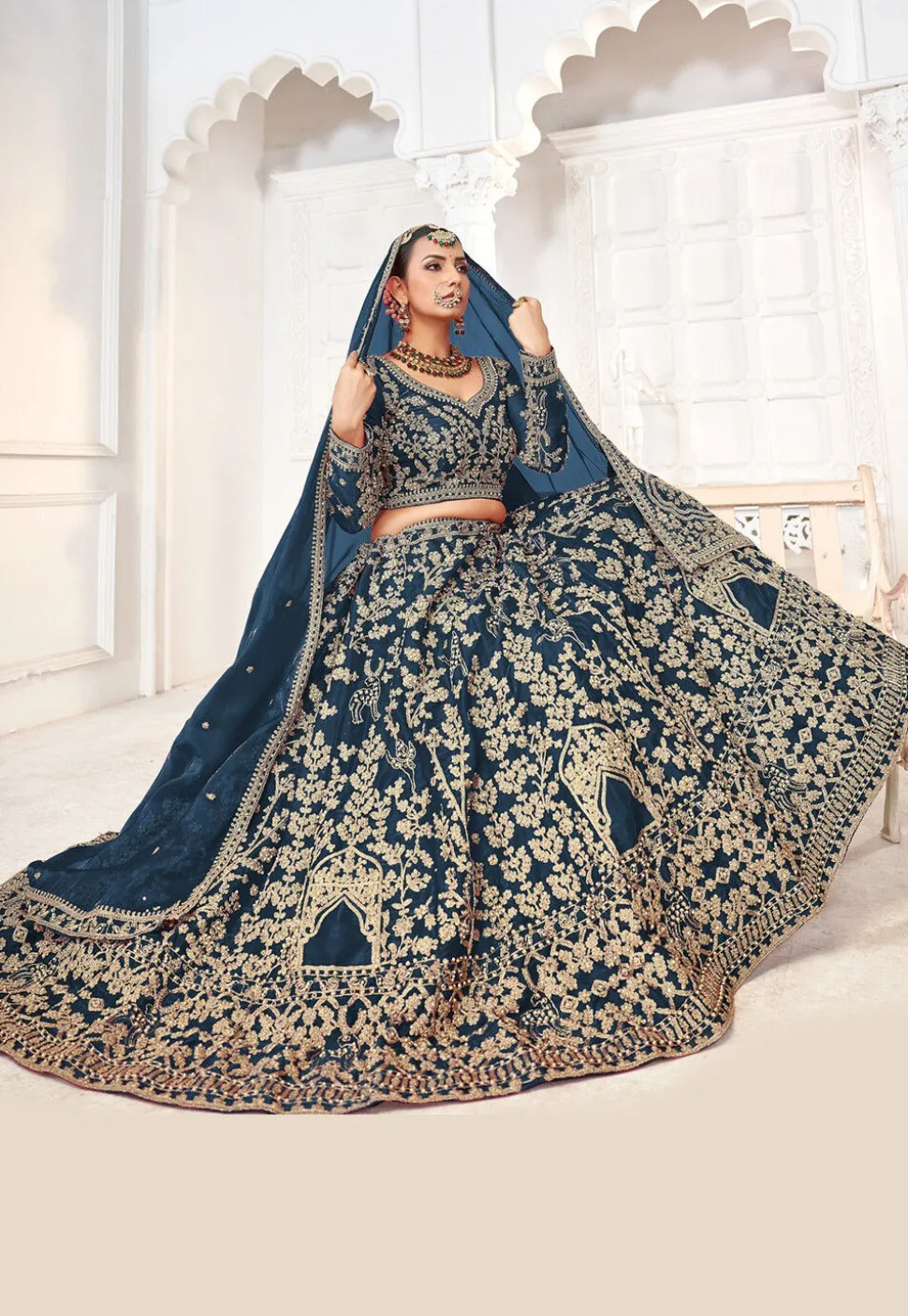 Embroidered Art Silk Lehenga in Teal Blue