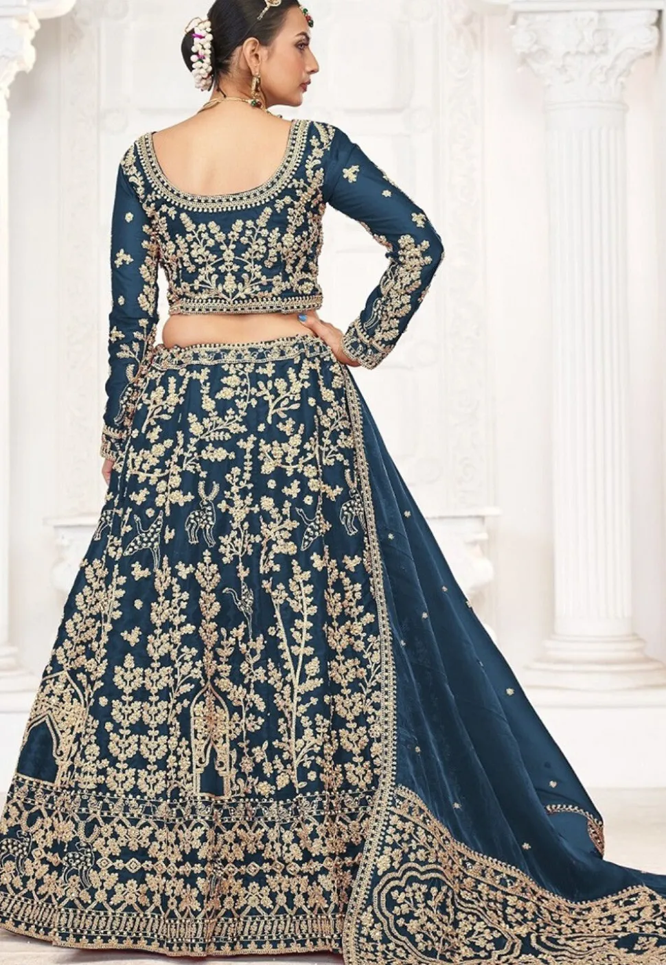 Embroidered Art Silk Lehenga in Teal Blue