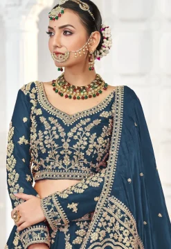 Embroidered Art Silk Lehenga in Teal Blue