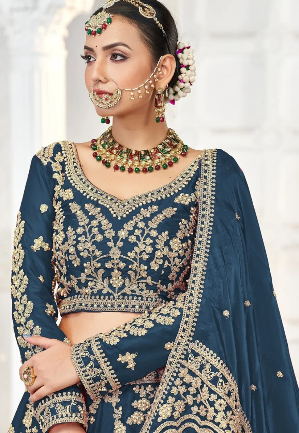 Embroidered Art Silk Lehenga in Teal Blue