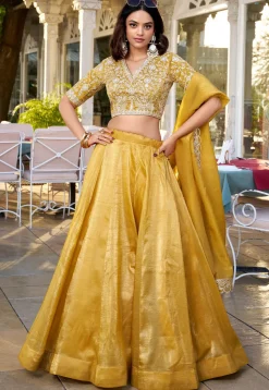 Embroidered Art Silk Lehenga in Mustard
