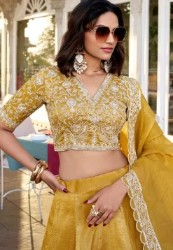 Embroidered Art Silk Lehenga in Mustard