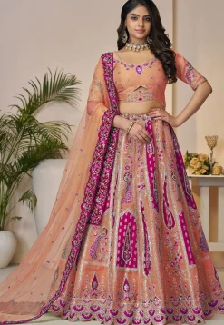 Embroidered Art Silk Lehenga in Peach