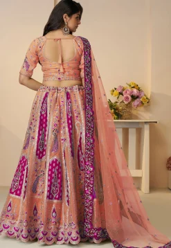Embroidered Art Silk Lehenga in Peach