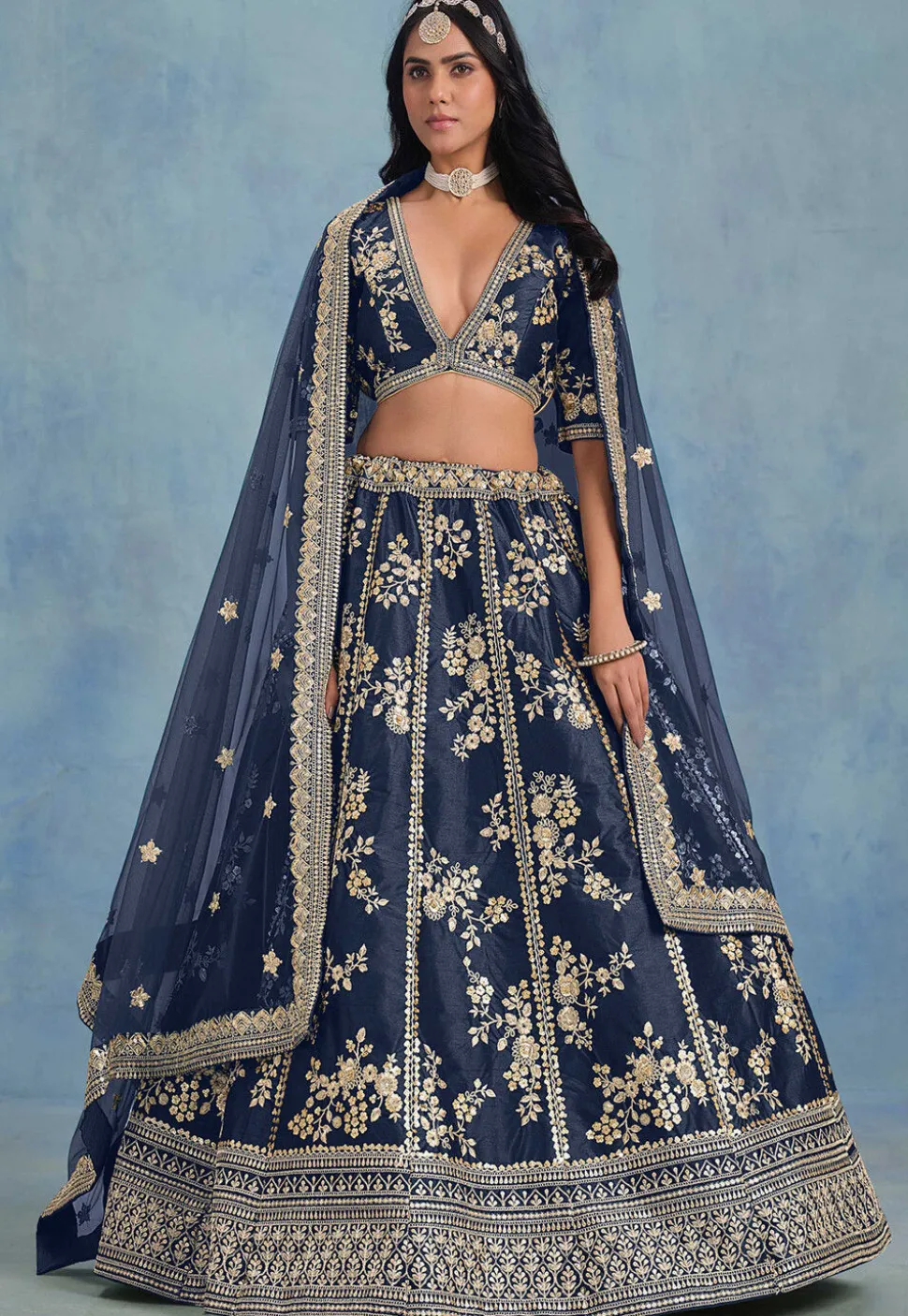 Embroidered Art Silk Lehenga in Navy Blue