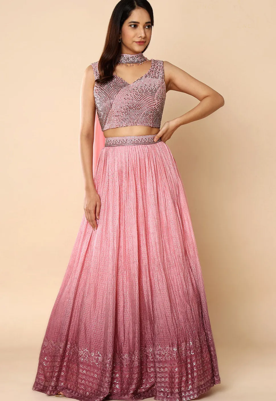 Embroidered Art Silk Lehenga in Pink