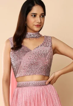 Embroidered Art Silk Lehenga in Pink