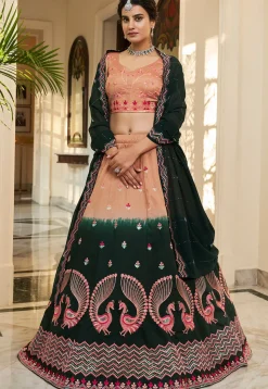 Embroidered Art Silk Lehenga in Peach and Dark Green