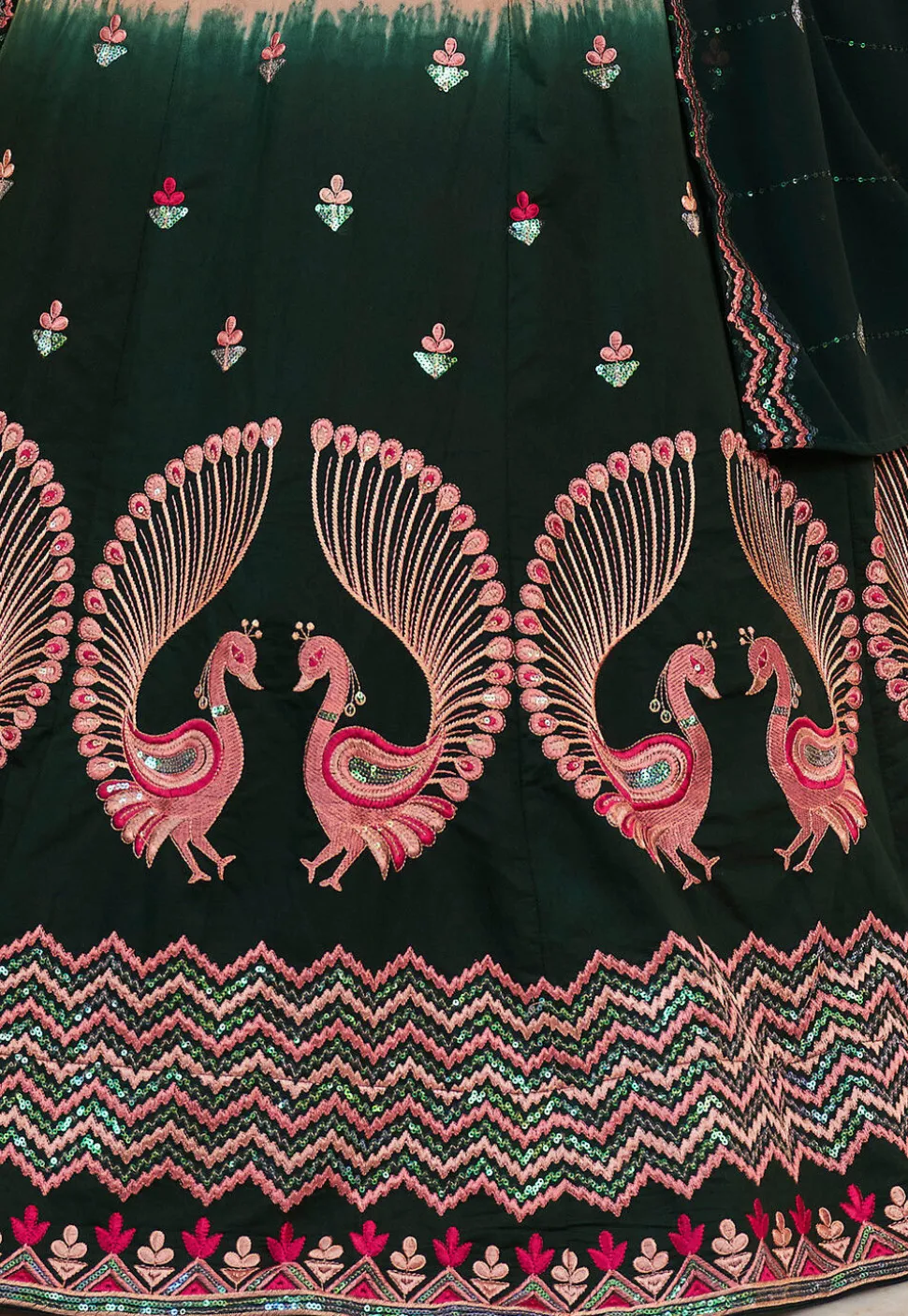 Embroidered Art Silk Lehenga in Peach and Dark Green