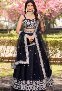 Embroidered Art Silk Lehenga in Black