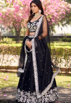 Embroidered Art Silk Lehenga in Black