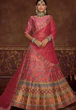 Embroidered Art Silk Lehenga in Pink