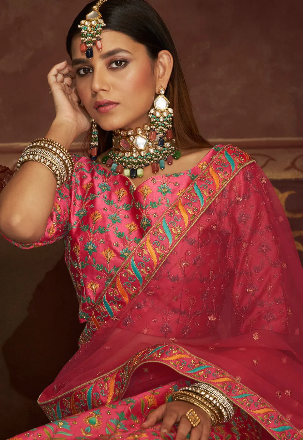 Embroidered Art Silk Lehenga in Pink