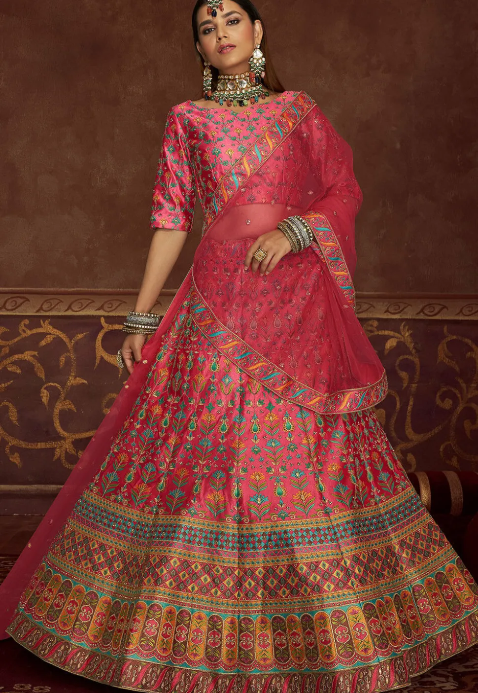 Embroidered Art Silk Lehenga in Pink