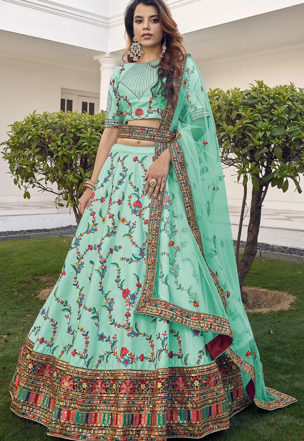 Embroidered Art Silk Lehenga in Sea Green