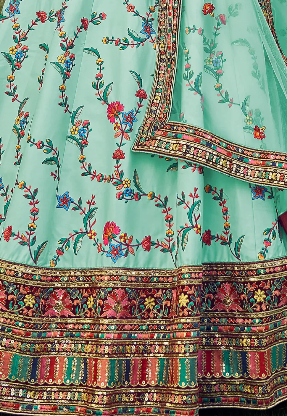 Embroidered Art Silk Lehenga in Sea Green