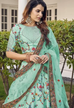 Embroidered Art Silk Lehenga in Sea Green