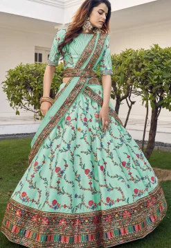 Embroidered Art Silk Lehenga in Sea Green