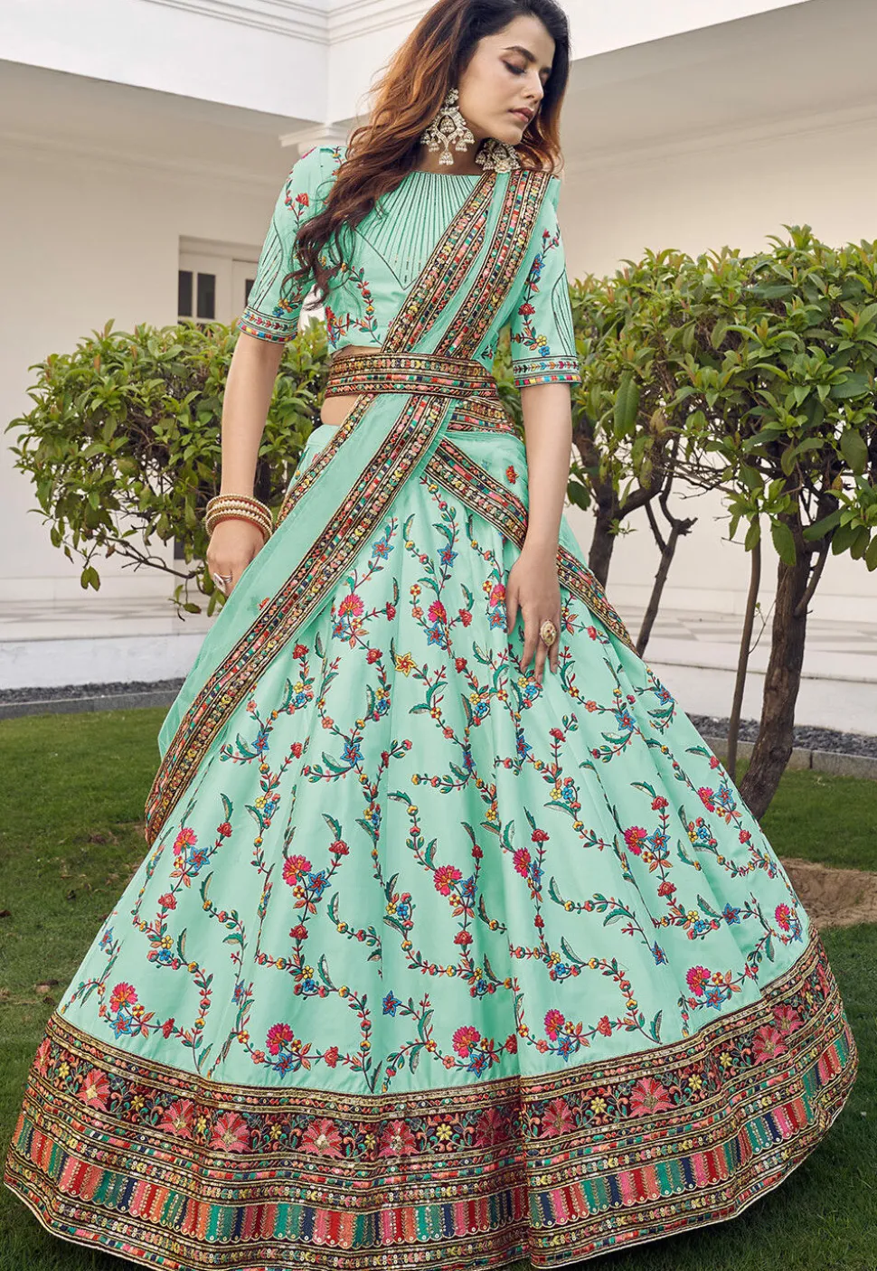 Embroidered Art Silk Lehenga in Sea Green