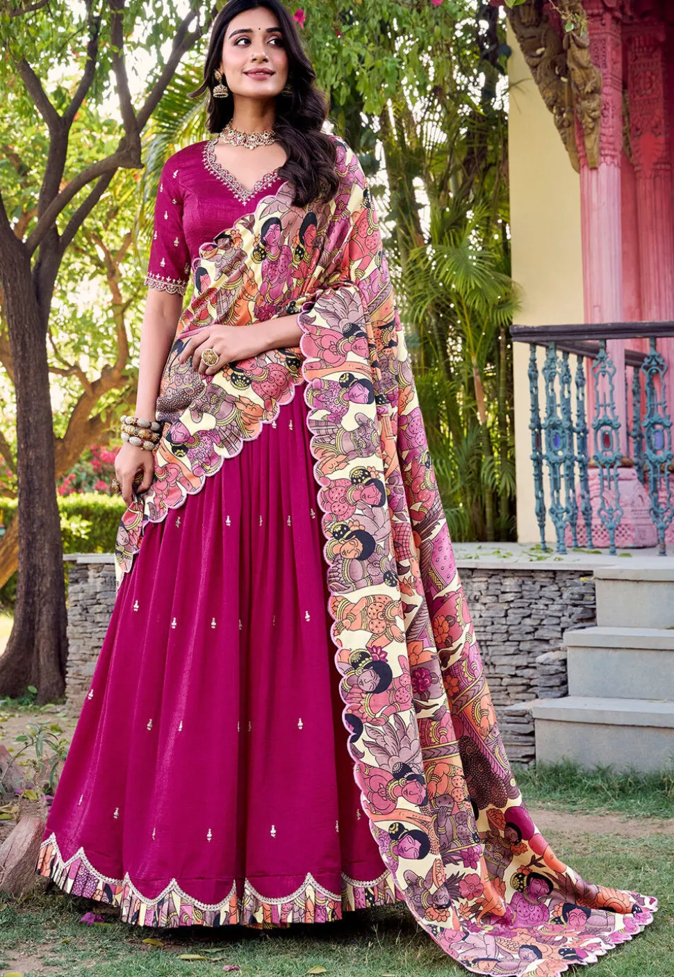 Embroidered Art Silk Lehenga in Magenta