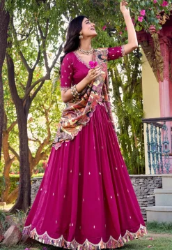 Embroidered Art Silk Lehenga in Magenta