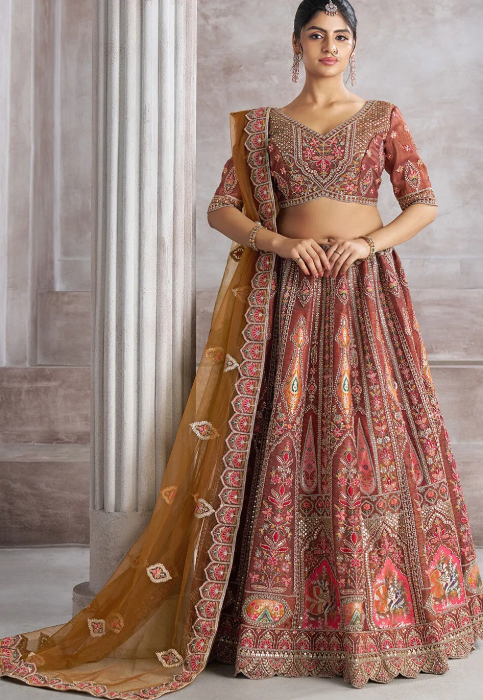 Embroidered Art Silk Lehenga in Old Rose