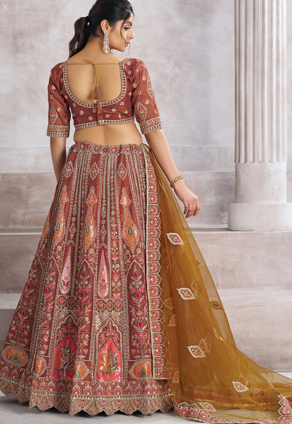 Embroidered Art Silk Lehenga in Old Rose
