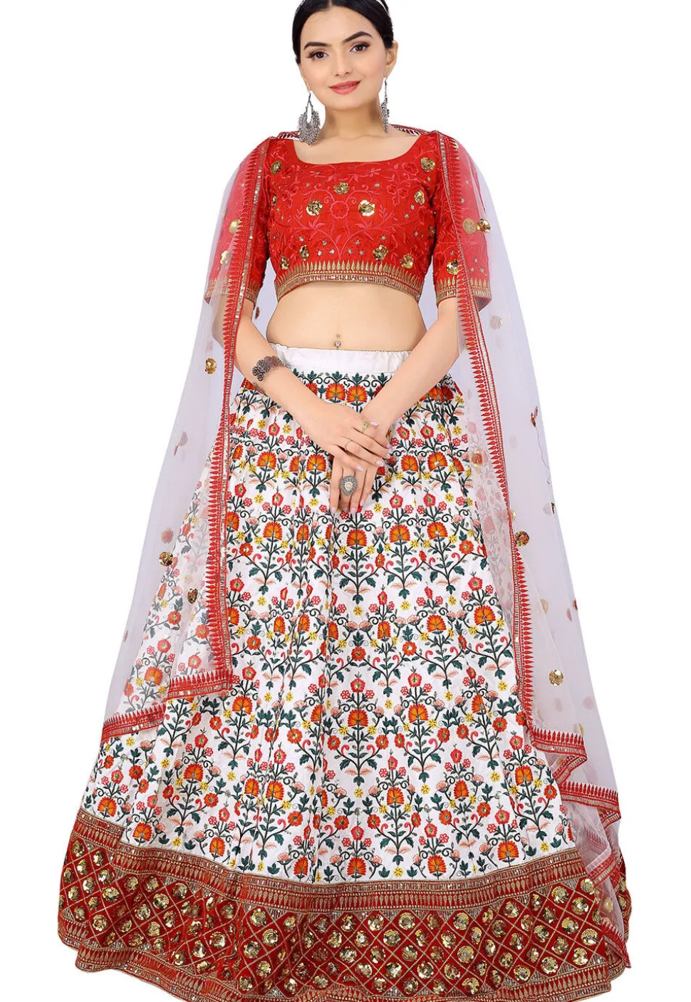 Embroidered Art Silk Lehenga in Off White