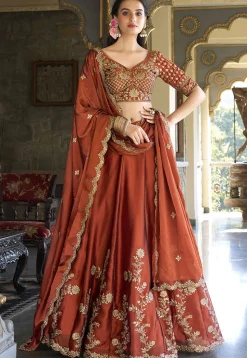Embroidered Art Silk Lehenga in Light Brown