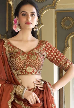 Embroidered Art Silk Lehenga in Light Brown