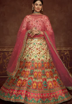 Embroidered Art Silk Lehenga in Light Beige