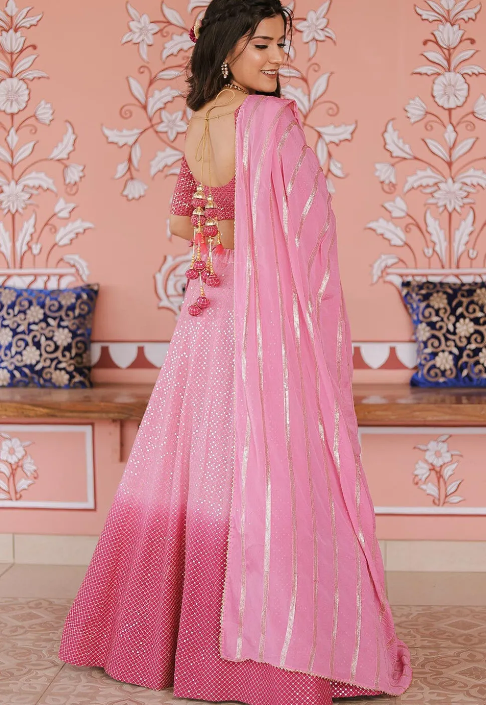 Embroidered Art Silk Lehenga in Shaded Pink