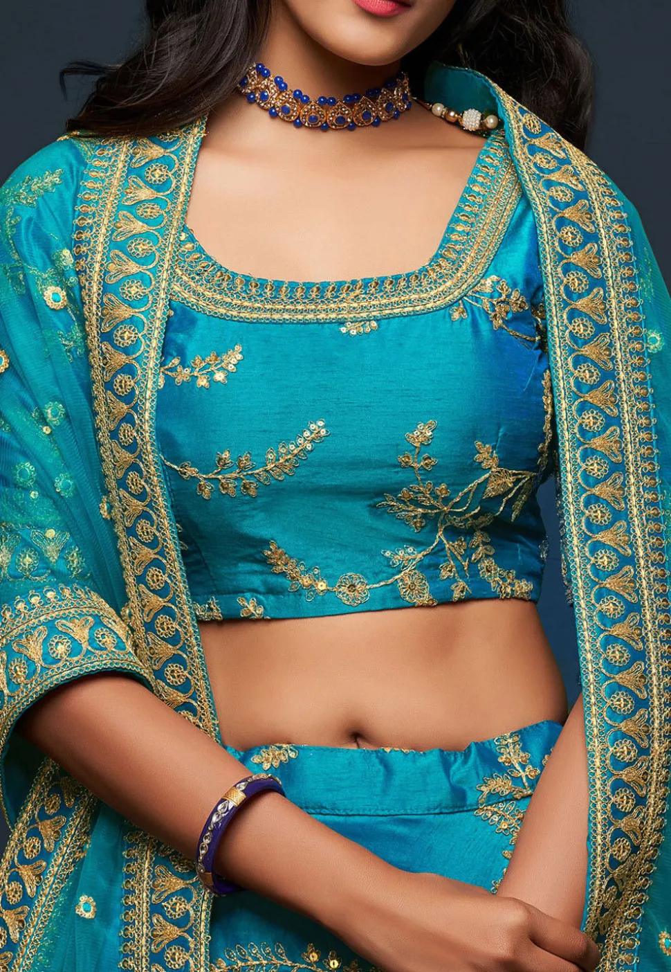 Embroidered Art Silk Lehenga in Blue