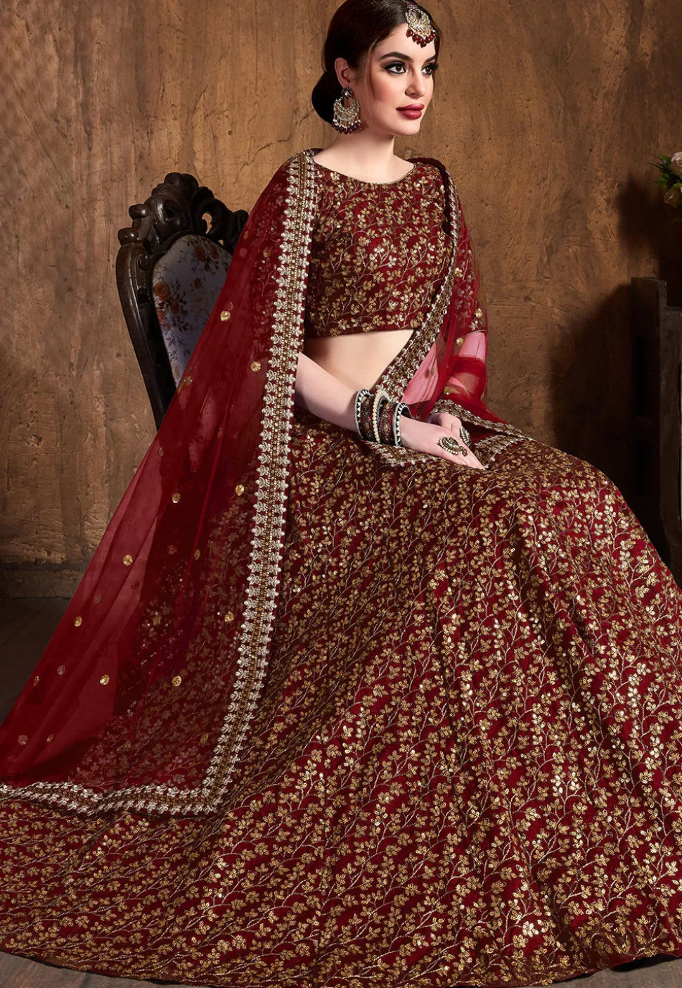 Embroidered Art Silk Lehenga in Maroon
