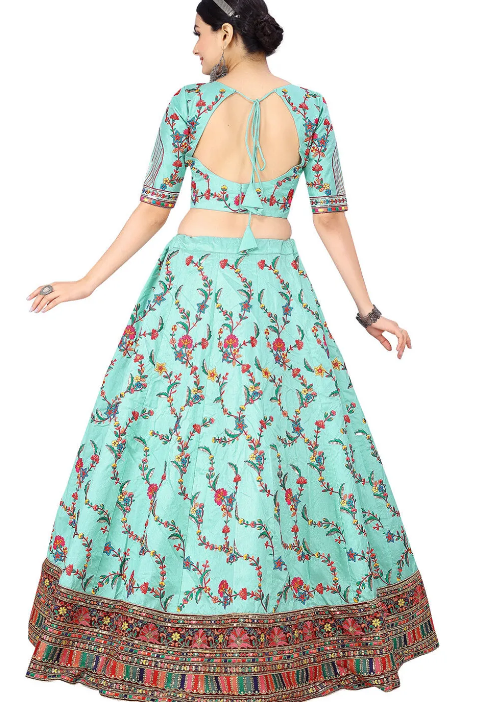 Embroidered Art Silk Lehenga in Sea Green
