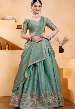 Embroidered Art Silk Lehenga in Teal Green