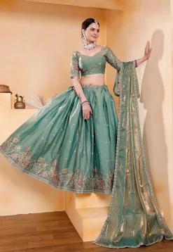 Embroidered Art Silk Lehenga in Teal Green