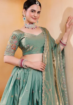 Embroidered Art Silk Lehenga in Teal Green