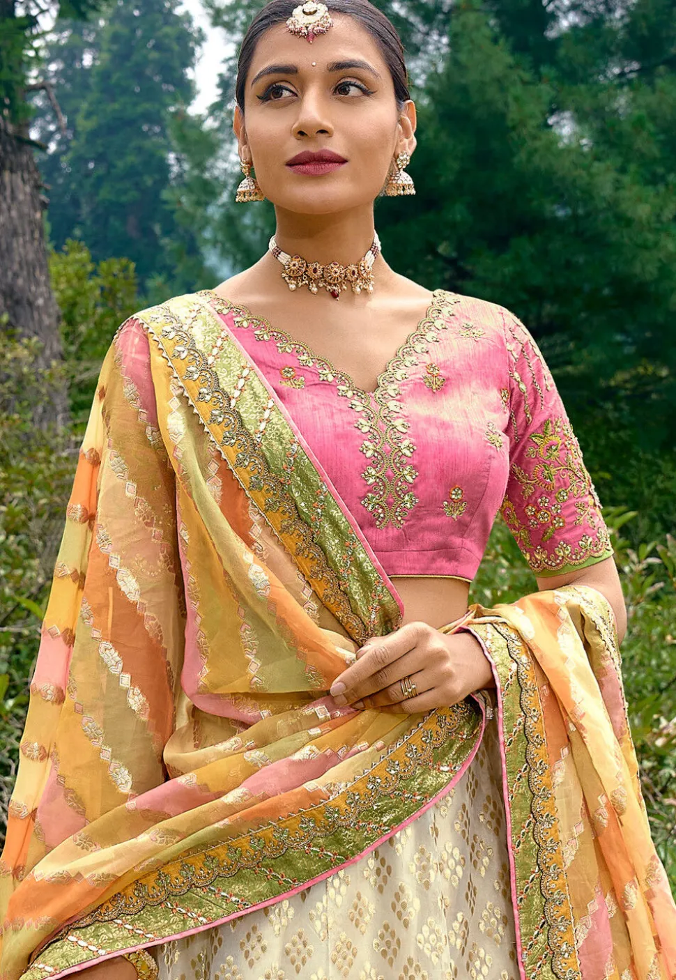 Embroidered Art Silk Lehenga in Off White and Multicolor