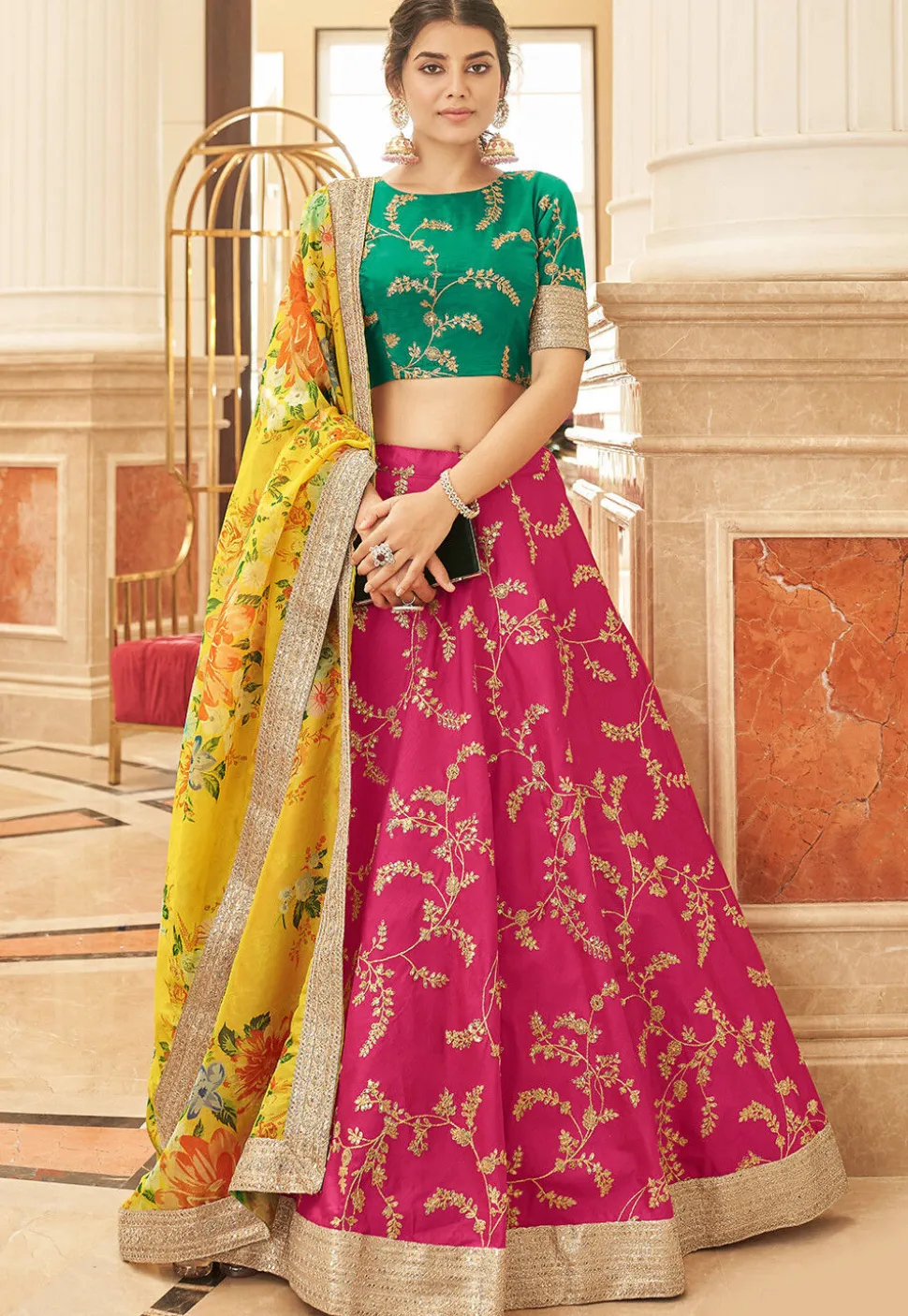 Embroidered Art Silk Lehenga in Pink