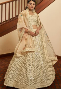 Embroidered Art Silk Lehenga in Beige