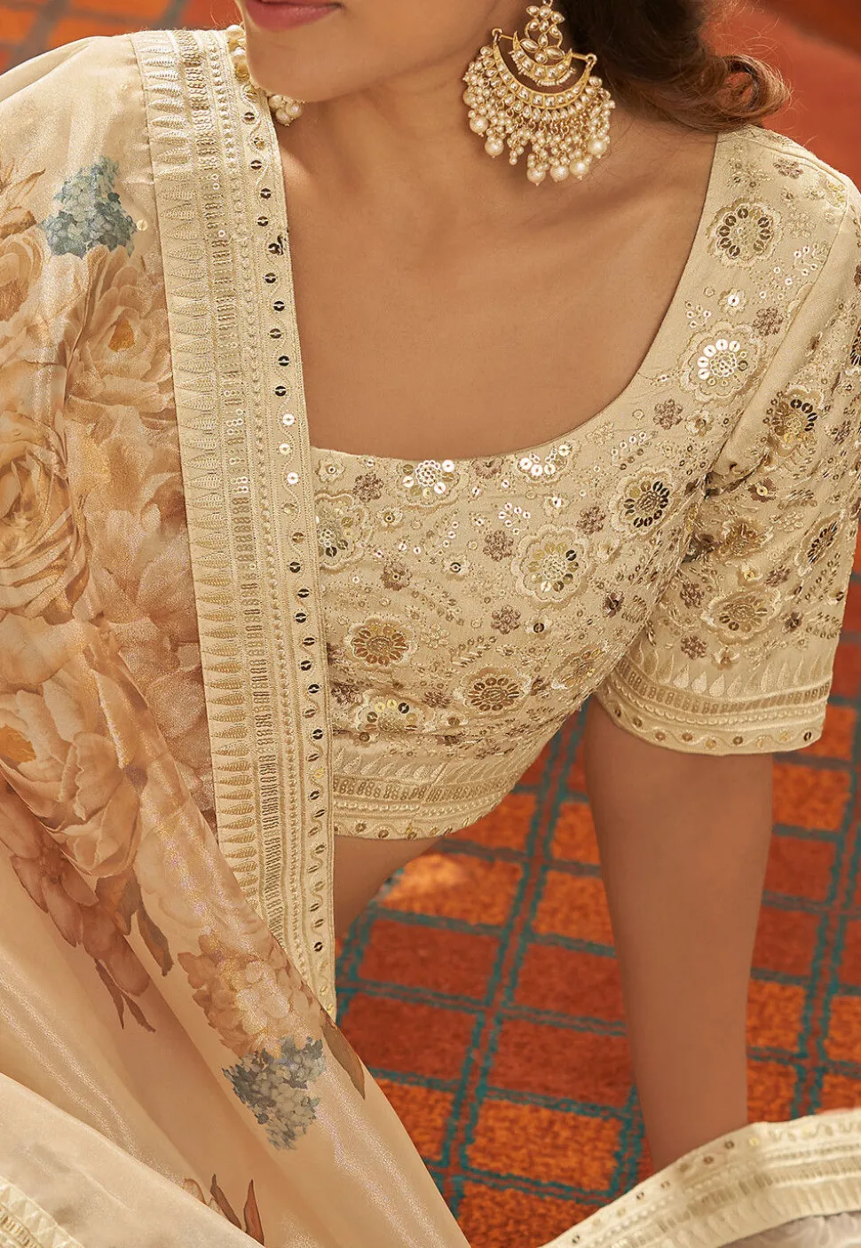 Embroidered Art Silk Lehenga in Beige