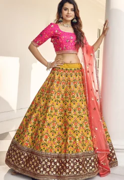 Embroidered Art Silk Lehenga in Mustard