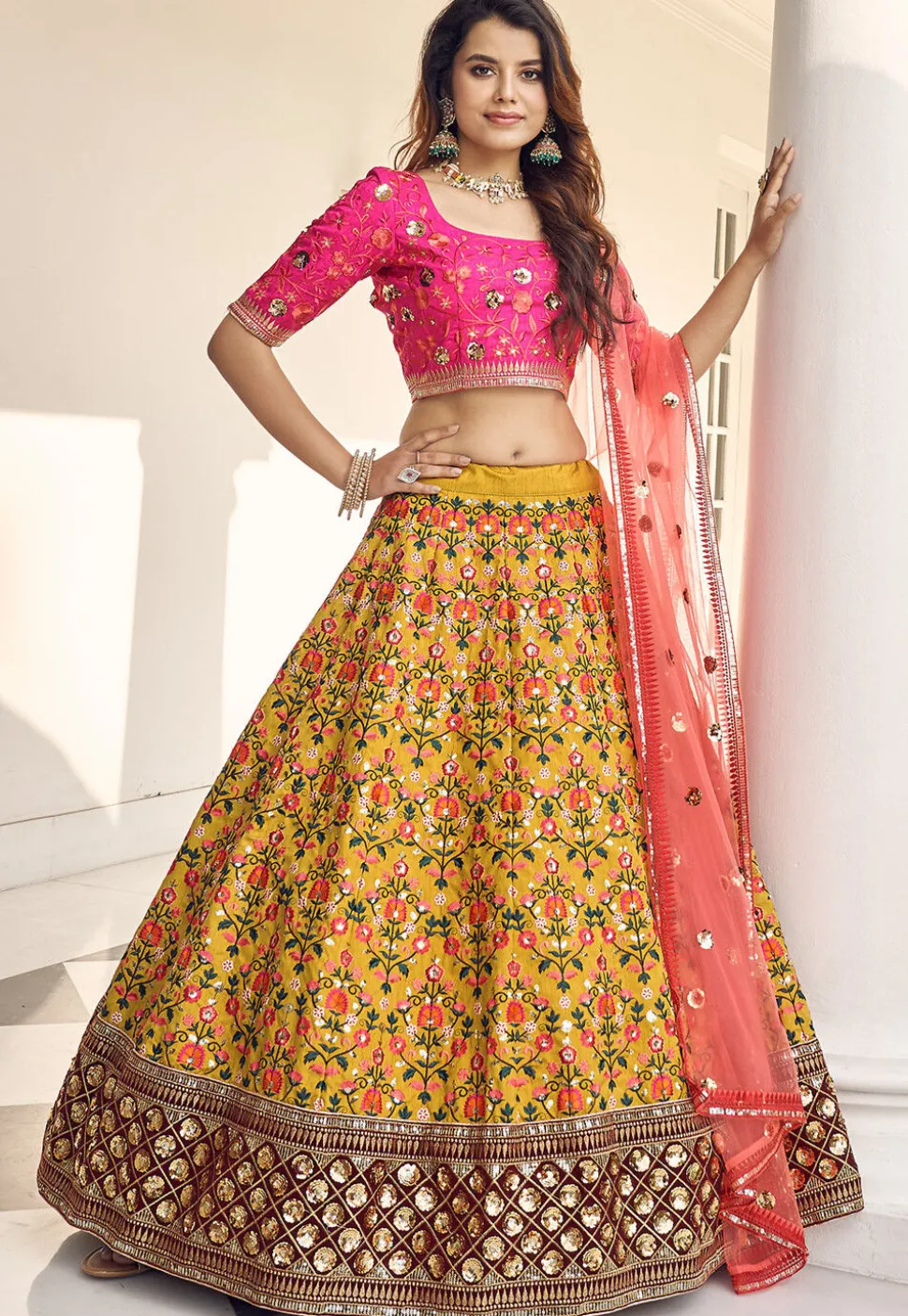 Embroidered Art Silk Lehenga in Mustard