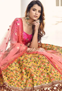 Embroidered Art Silk Lehenga in Mustard